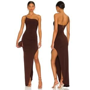 Nookie Aria One Shoulder Gown Ruched Party Formal Prom Event Evening Chocolate L